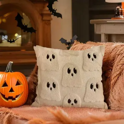 Halloween Ghost Throw Pillow Cover, White Bat and Skull Plush Decoration