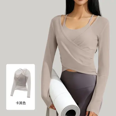 Fake Two-Piece Mesh Long Sleeve Yoga Top with Built-in Chest Pad - 8