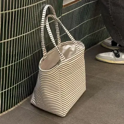 Korean Style Striped Canvas Women's Tote Bag, Large Capacity, Model A35 - 7
