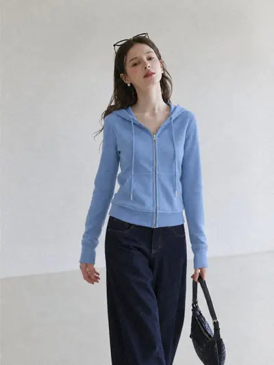 Korean-Style Blue Hooded Zip Short Sweatshirt Jacket for Women