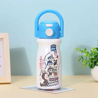 Karikatür Desenli 316 Paslanmaz Çelik Çift İçecek Termos Bardak, Taşıma Kulplu - 9