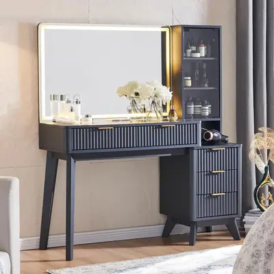 Modern Fluted Makeup Table with Large Mirror and Lights, 5 Drawers - 9