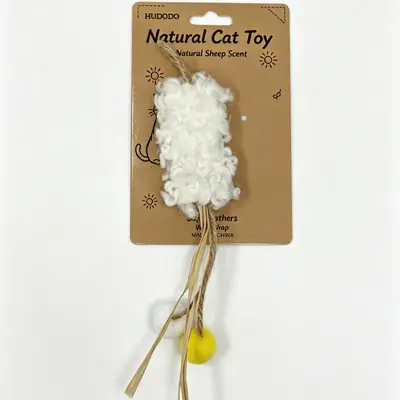 Natural Wool Cat Teaser Wand with Feathers, Teeth Cleaning Toy - 11