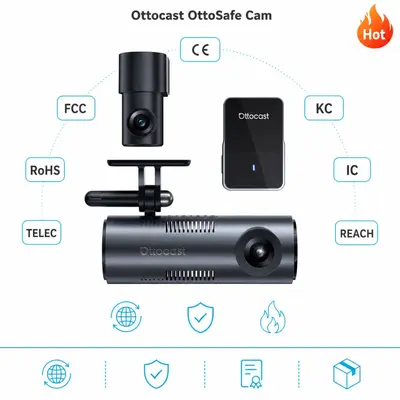 Ottocast çift kameralı kablosuz CarPlay dashcam, 2K QHD 1440p - 2