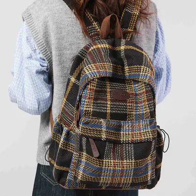 Retro Wool Plaid Women's Backpack for High School and University Students - 5