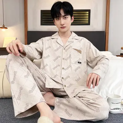 Herren-Pyjama-Set langarm mit Strickjackenkragen, Übergröße - 8