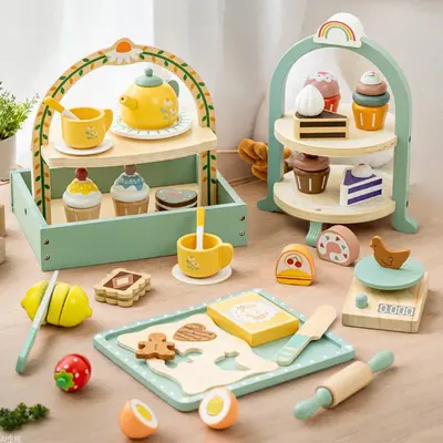 Wooden Children's Pretend Play Dessert and Tea Set, Kitchen Toy