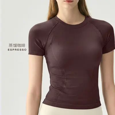 Kadın Dikişsiz Örme Spor Üstü, Ter Emici ve Nefes Alabilir Kısa Kollu Yoga T-Shirt - 11