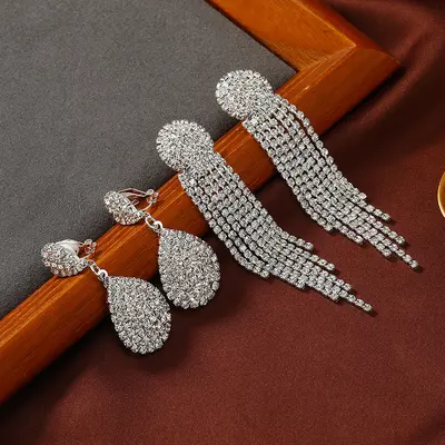 Ohrklemme mit langem Quastenbehang und Wassertropfensteinen, eleganter Brautstil - 1