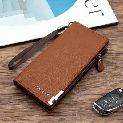 Men's Long Leather Wallet with Zipper and Card Slots, Large Capacity - 8