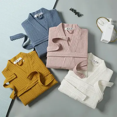 Pure Cotton Waffle Bathrobe, Long, Thin, Spring and Summer