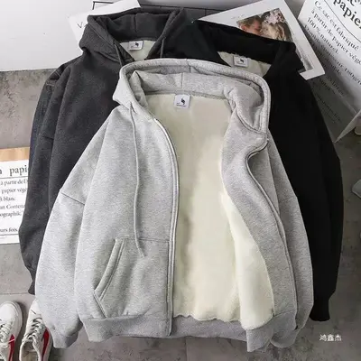 Unisex Fleece-Strickjacke mit Reißverschluss, lockerer Kapuzenpullover - 9