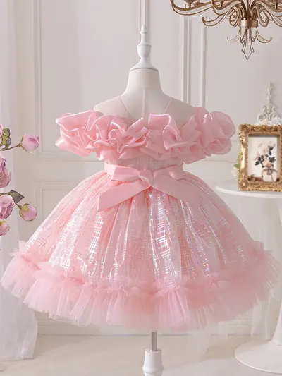 Kız çocuk tek omuz pembe tül prenses elbise çiçek kızı