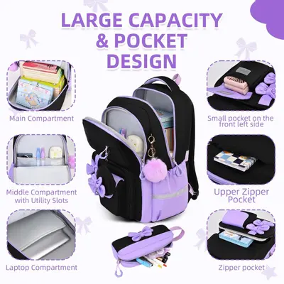 Primary School Backpack Set, Three-Piece, Bow Design, Girls, Large Capacity - 3