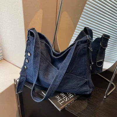 Women's Denim Tote Bag, Large Capacity, Single-Shoulder, Commuter Bag - 8
