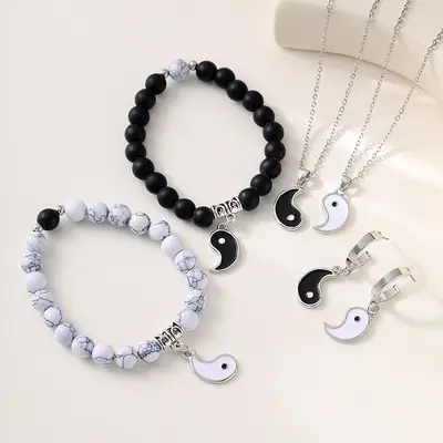 Yin Yang Tai Chi Couple Necklace and Bracelet Set, Black and White