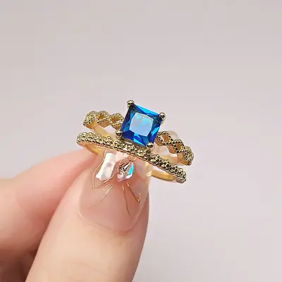 Retro Chinese Style Women's Ring, Square Sapphire, 24K Gold Plated, Red Diamond