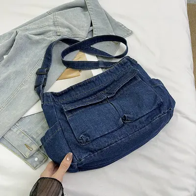 Women's Large Denim Retro Crossbody Bag - 7