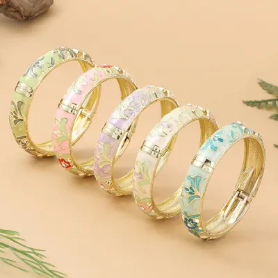 Cloisonné bilezik, çiçek desen, taşlı, geniş model