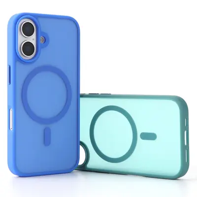 Apple iPhone 16 Plus leather-feel case in lake blue with magnetic stand