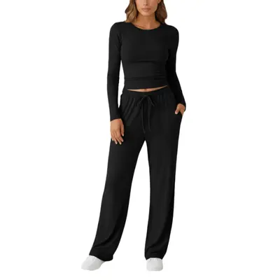 Women's Sports Yoga Set, Autumn Winter Solid Color Long Sleeve Round Neck
