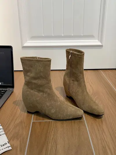 Women's Suede Ankle Boots, Hidden Heel, Square Toe, Stretch Slim Fit - 9