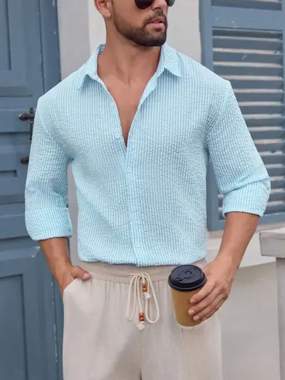 Men's Spring Summer Striped Long Sleeve Breathable Shirt - 8
