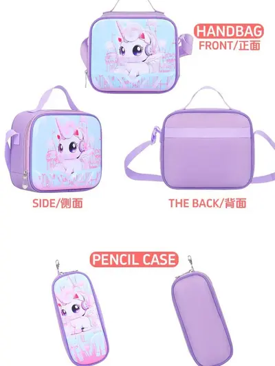 New 3D leather primary school student nylon fabric three-piece set children's backpack school bag export lunch bag factory ready stock