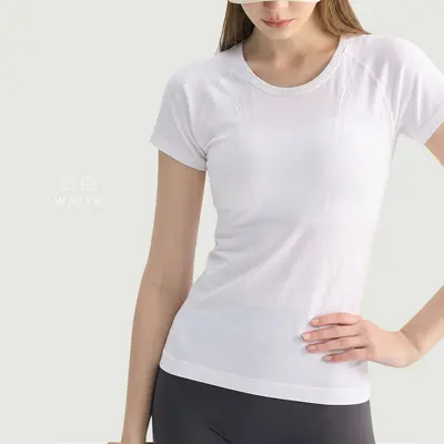Dikişsiz yoga üstü kadın, ince model, bel daraltan kısa kollu spor üstü - 13