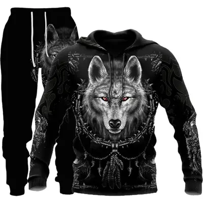 3D kurt baskılı kapüşonlu sweatshirt, erkek takım - 11