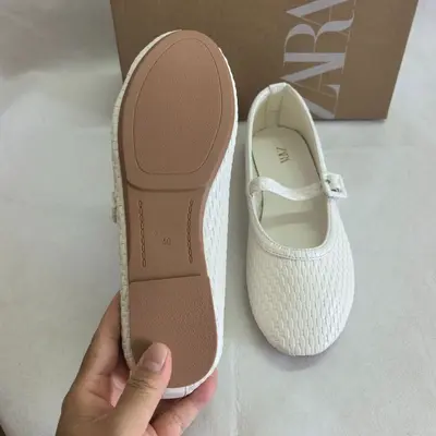 ZAKQ2026 Women's Ballet Flats, White Woven Effect, Buckle Strap