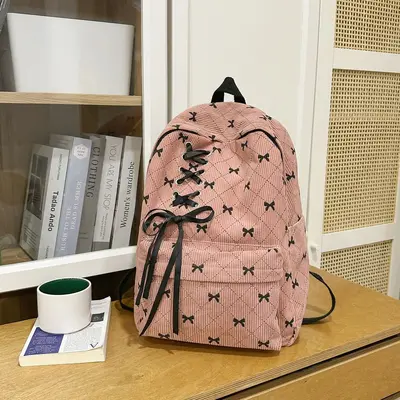 Corduroy Bow Backpack for Women and Students - 10