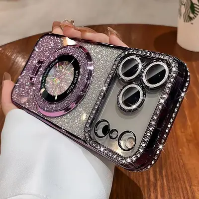Glitter Magnetic Stand Phone Case for iPhone 17 Pro Max with Lens Protector - 4