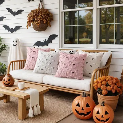 Neue Halloween-Kleine-Geister-Kissenbezüge aus PV-Plüsch mit 3D-Gespenster-Stickerei, Schwarz-Weiß, Feiertagsdekoration, Kissen im Großhandel
