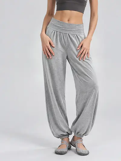 Damen-Yogahose mit Taillenknopf und weitem Bein, hohe Taille - 8