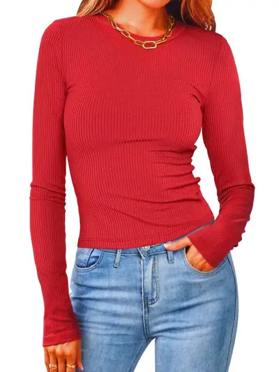 Women's Round Neck Long Sleeve Ribbed Solid Color Crop Top T-Shirt - 8
