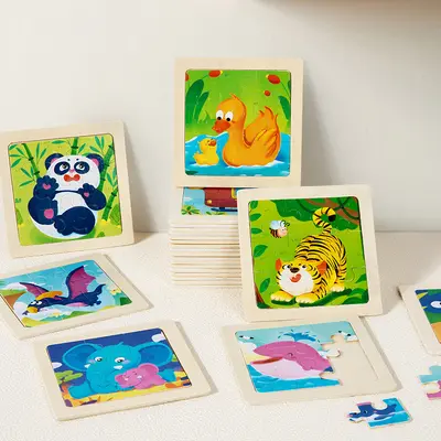 Puzzle oyuncak erken eğitim zeka geliştirici kız erkek çocuk dokuz parça blok bebek çocuk zeka gelişimi ahşap karikatür hayvan yerleştirme paneli
