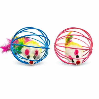 Cat Toy Set with Caged Mouse, Feather Teaser Wand and Play Ball - 5