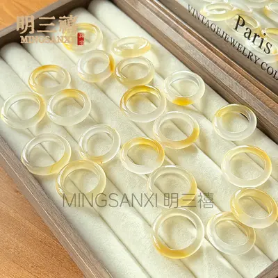 天然高冰马料白玉髓戒圈香槟金玛瑙戒指冰透粉玉石指环天空蓝戒指 - 10