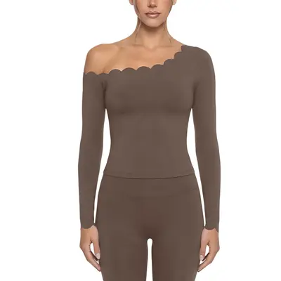 Lace Trim Asymmetric Shoulder Yoga Top High Stretch Long Sleeve - 7