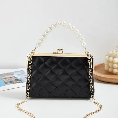 Embroidered Pearl Handbag with Diamond Quilting - 4