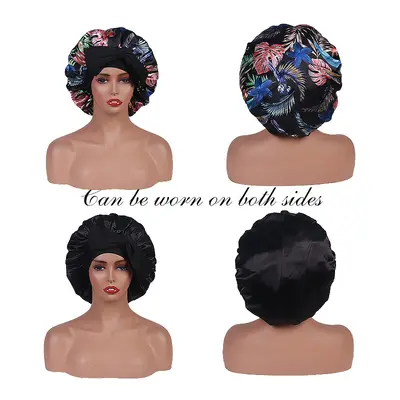 Printed Elastic Satin Bonnet with Bow, Double-Layer Reversible