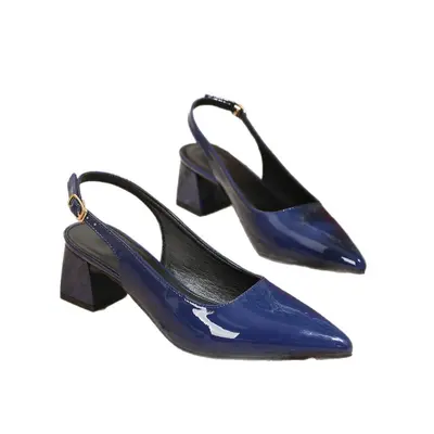 Cross-border foreign trade European size black work shoes, pointed toe high heels, chunky heel closed-toe single shoes, patent leather open-back women's sandals