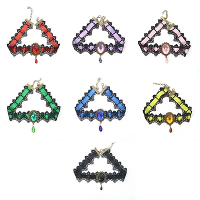 Vintage Gemstone Lace Necklace for Halloween Masquerade Party