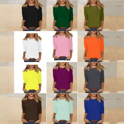 2026 Cross-Border Amazon New Women's Round Neck T-Shirt, 3/4 Sleeve Solid Color Top