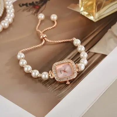Neue Mode Perlen dünner Gürtel Diamant Quadrat Damenuhr frei verstellbares Armband Uhr Damengeschenk Quarzuhr - 8