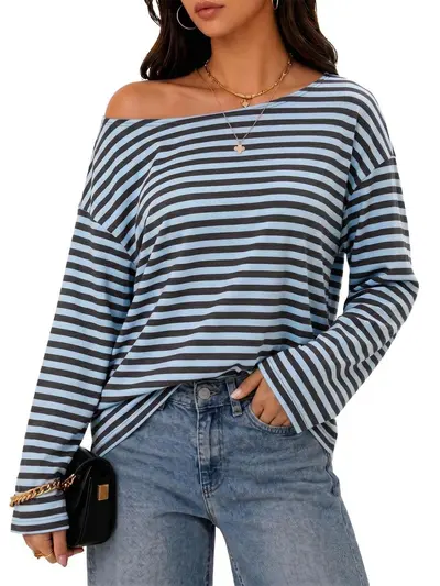 Damen-Rundhals-Langarmshirt gestreift mit Kontrastfarben - 7