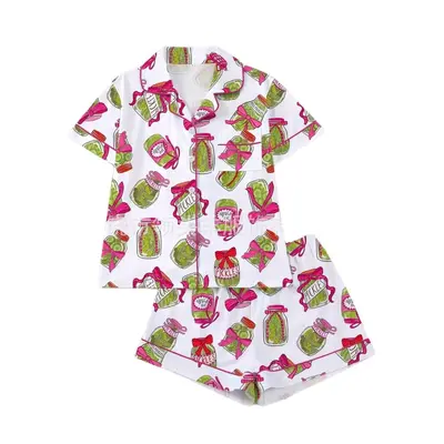 Women's Pajama Set with Pink Dinosaur Print and Button-Up Lapel - 6