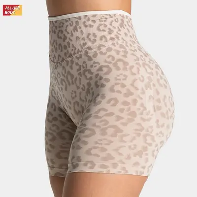 Seamless Leopard Print Yoga Shorts with Peach Lift Design - 2