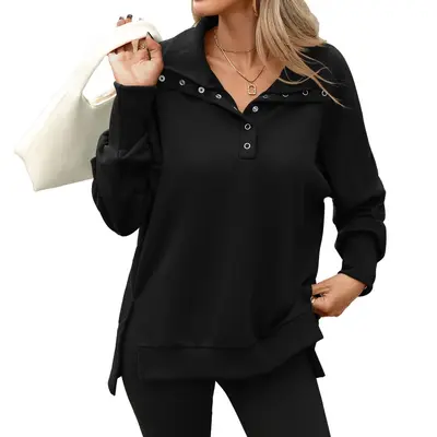 Women's Solid Color High Neck Button Long Sleeve Sweatshirt, Autumn/Winter 2026